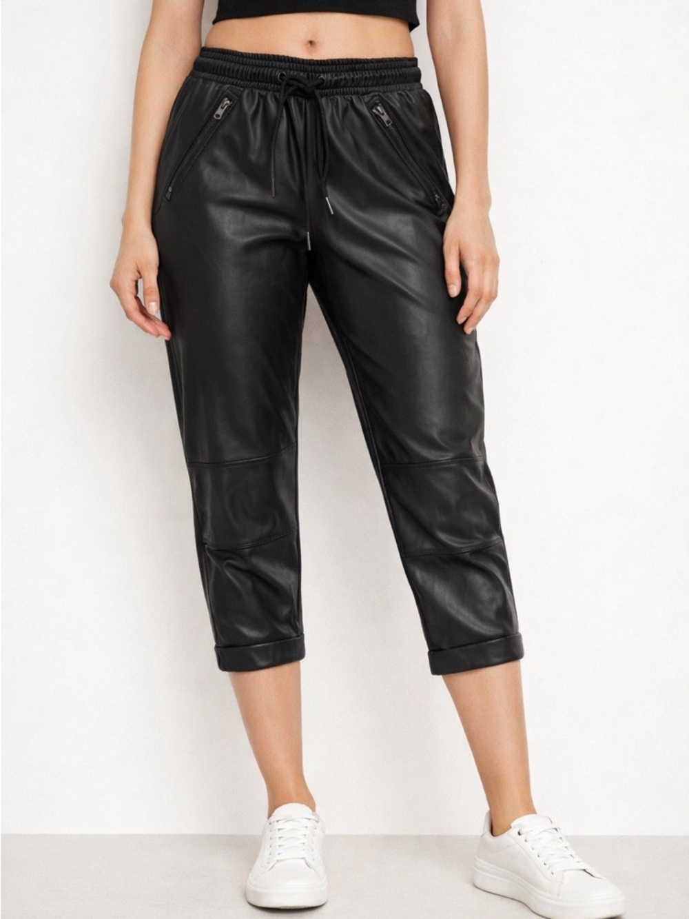 David Lerner Black Faux Leather Capris with Drawstring Waist